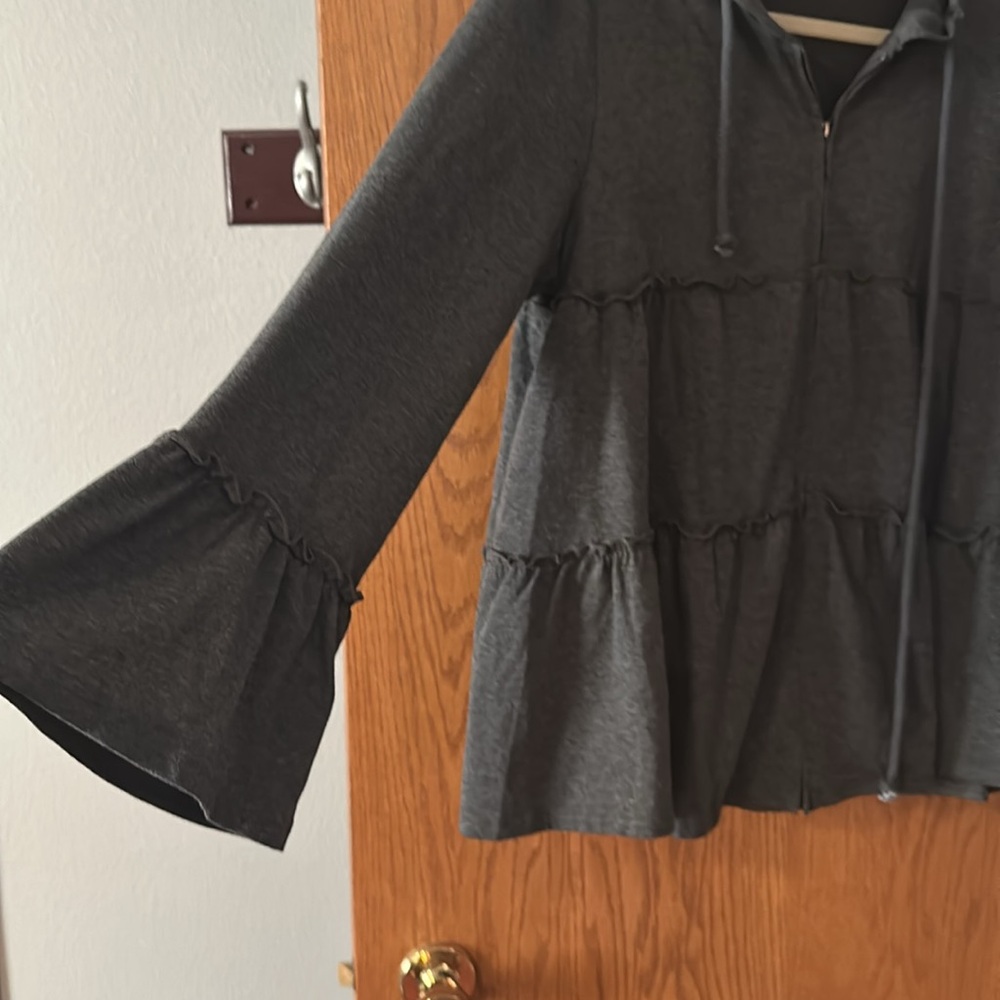 Gray Ruffled Zip-Up Hoodie - Picture 2 of 4
